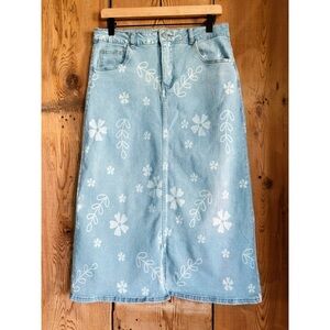 Sz L Pologram Madalynn Light Denim Floral Midi Skirt EUC